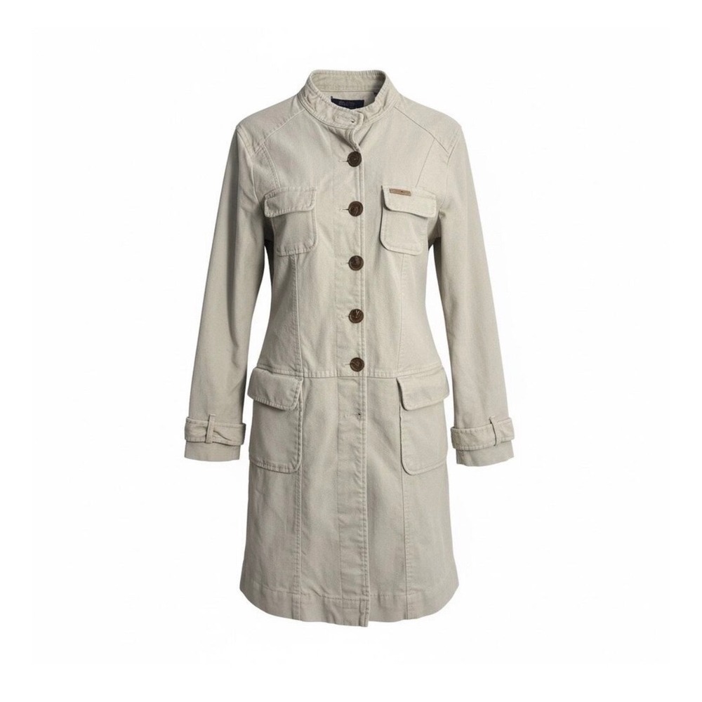 Tommy Jeans Trench Coat Womens L Beige Corduroy Long Utility Jacket Red Lining